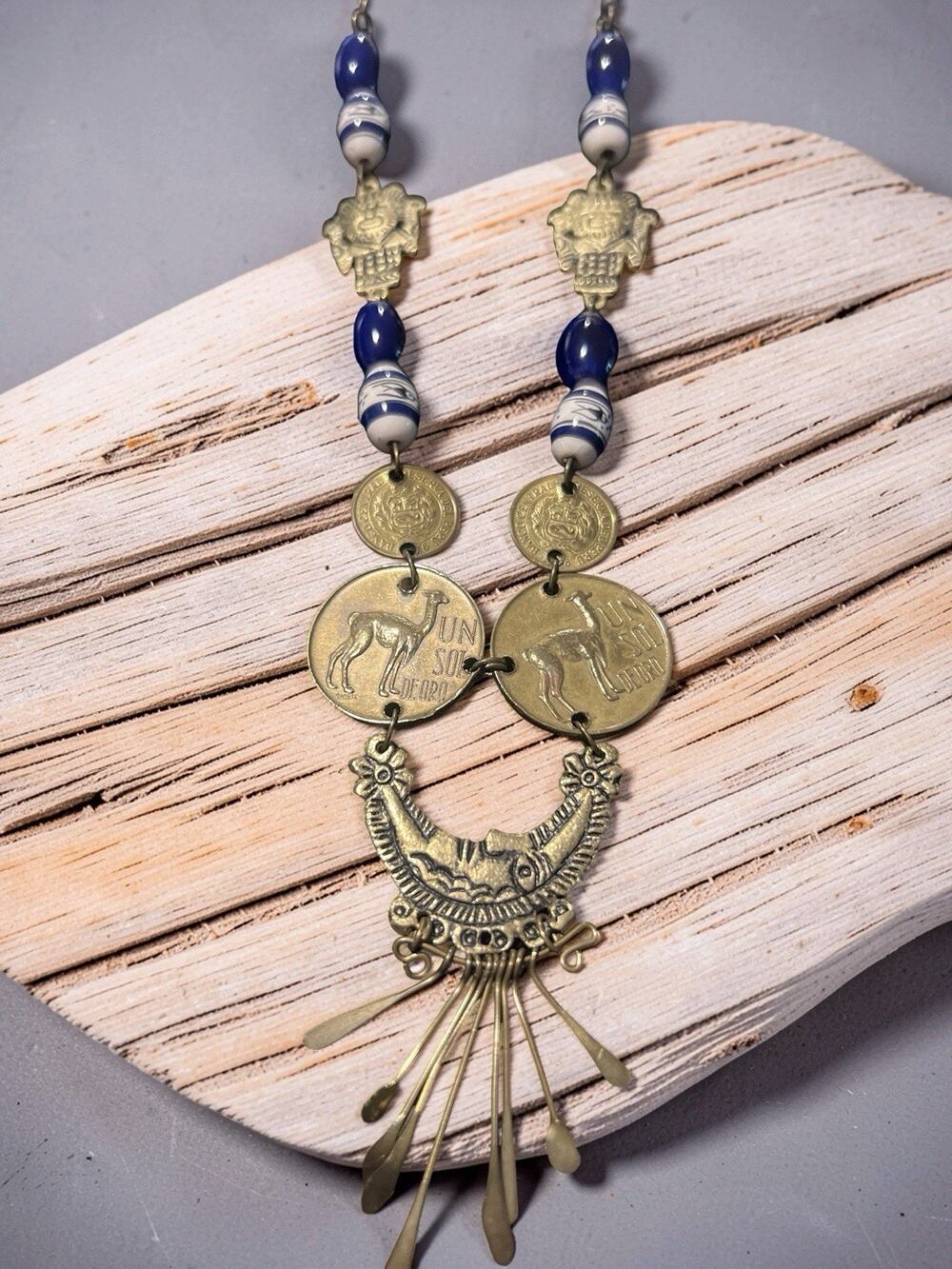 Vintage Peruvian Un Sol de Oro Coin Necklace Ceramic Beads Brass Fringe 18”